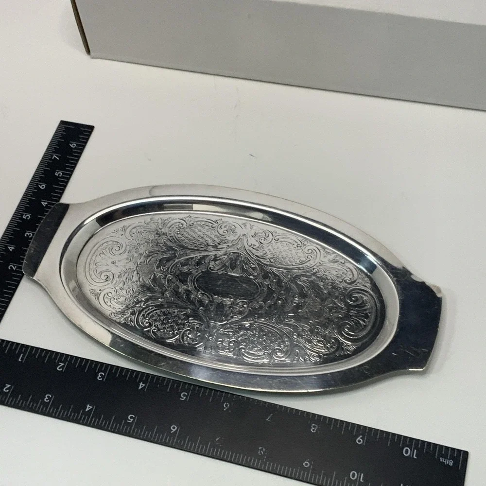 FB Rogers Silver Co 1087 Silver Plate Oval Etched Serving Tray Vanity Dish 10in